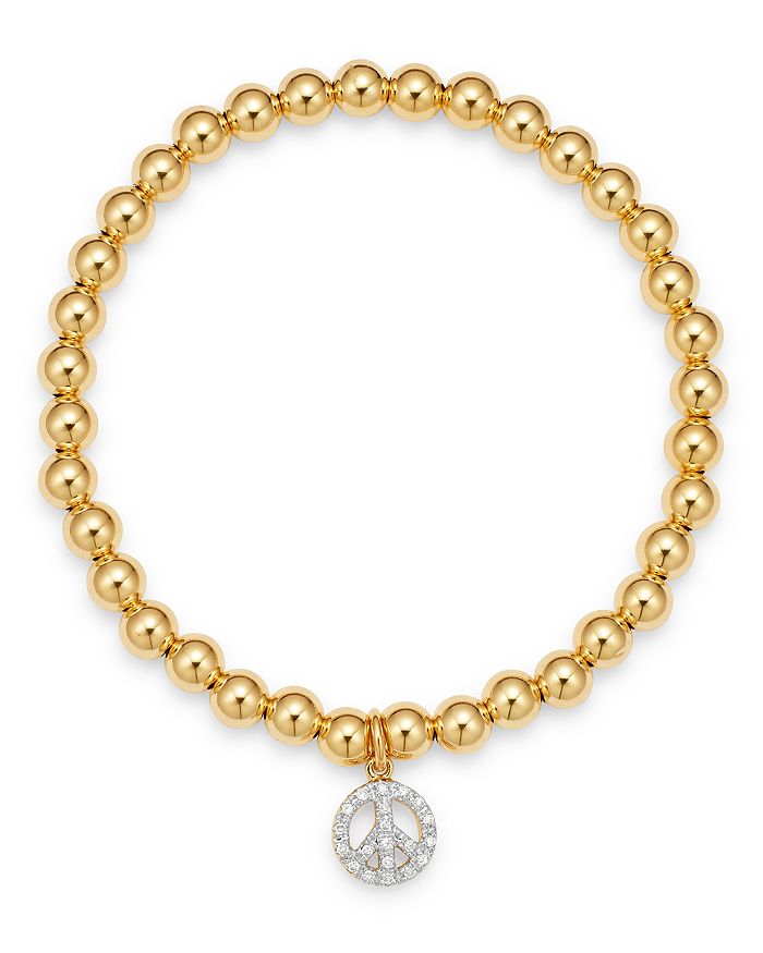 Zoe Lev 14k Yellow Gold Diamond Peace Charm Beaded Bracelet In White/gold