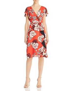 Adrianna Papell Floral Wrap-style Dress In Red Multi