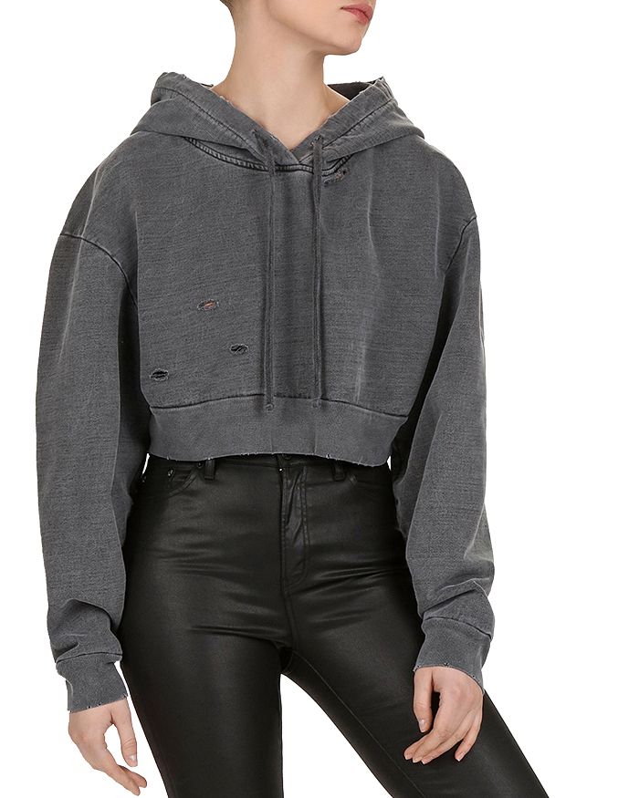 The Kooples Distressed Cropped Hoodie In Washed Gray