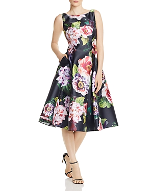 Adrianna Papell Mikado Floral Print Dress In Black Multi