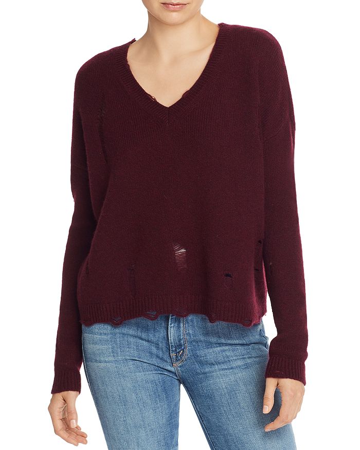 Aqua Cashmere Distressed V-neck Cashmere Sweater - 100% Exclusive In Heather Burgundy