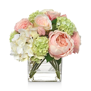 Diane James Home Blooms Pink Hydrangea & Rose Faux Floral Arrangement In Glass Cube In Multi