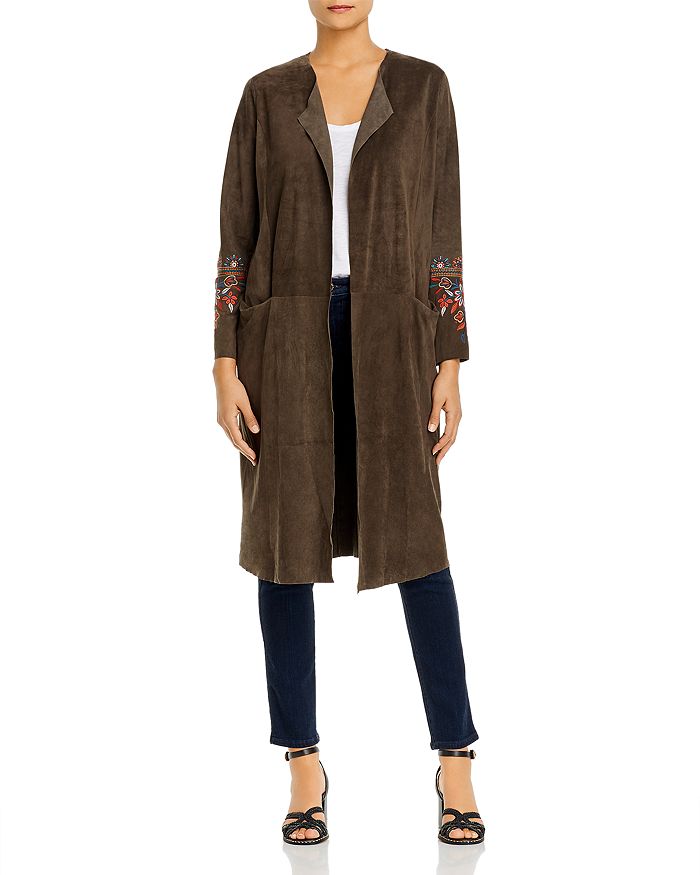 Johnny Was Lailani Embroidered Suede Duster Jacket In Olive | ModeSens
