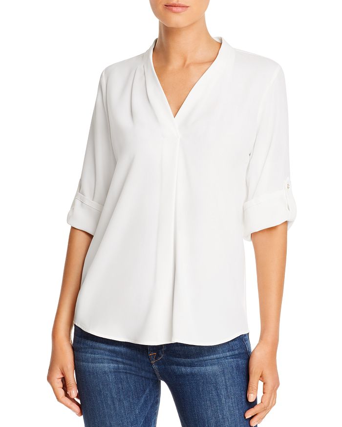 Calvin Klein V-neck Roll-sleeve Top In Soft White