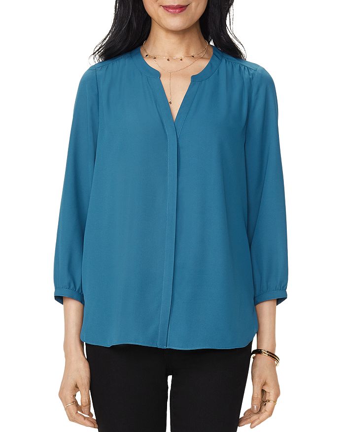 Shop Nydj Three Quarter Sleeve Printed Pintucked Back Blouse In Blueberry Fields