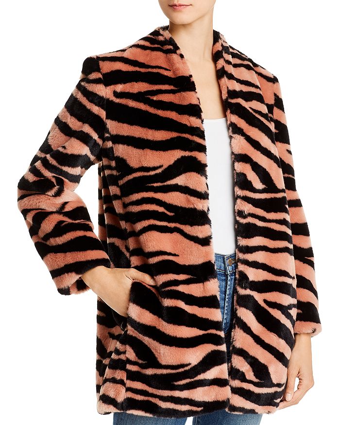 Michelle Mason Tiger Print Faux Fur Car Coat In Shell