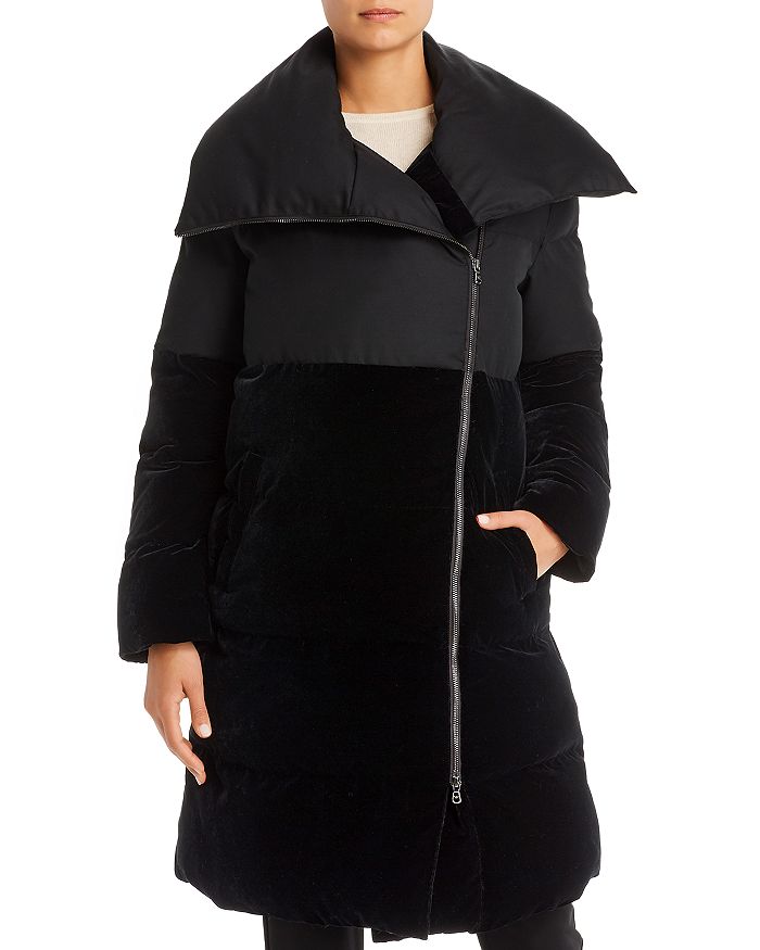 Armani Collezioni Emporio Armani Mid-length Velvet-detail Puffer Coat In Black