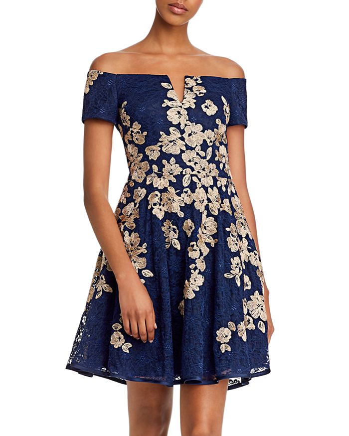 Aqua Off-the-shoulder Lace-embroidered Dress - 100% Exclusive In Navy/gold