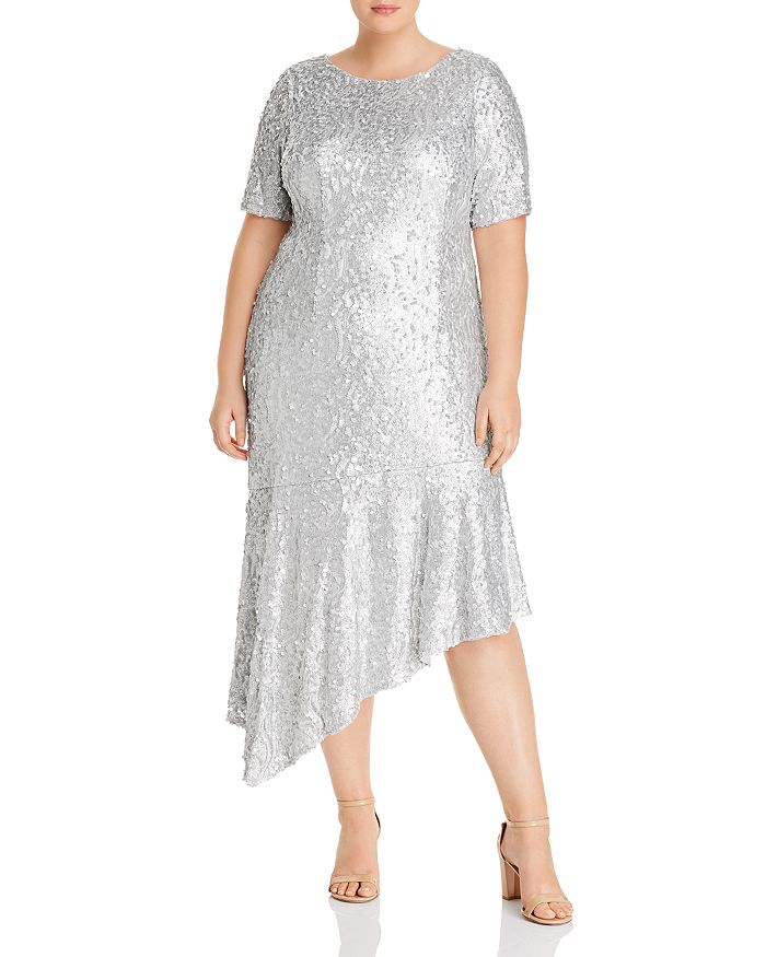Adrianna Papell Plus Sequined Asymmetric Hem Midi Dress In Silver