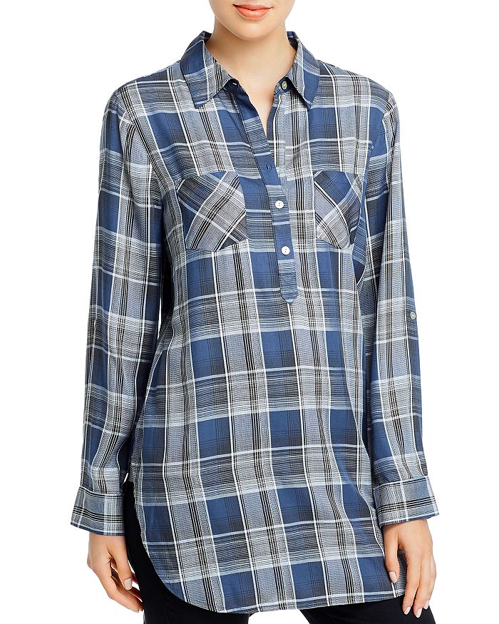 Cupio Plaid Long-sleeve Henley Button-up Shirt In Multi