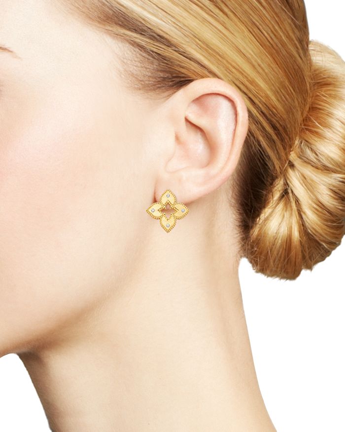 Shop Roberto Coin 18k Yellow Gold Venetian Princess Diamond Stud Earrings In White/gold
