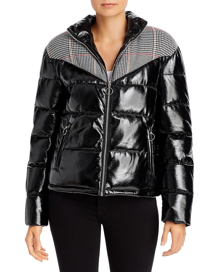 Glamorous Plaid-panel Faux Patent Leather Puffer Jacket In Black Vinyl Check