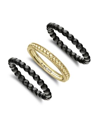 Meridian 18K Yellow Gold Caviar Gold Black Ceramic Stacking Rings, Set of 3