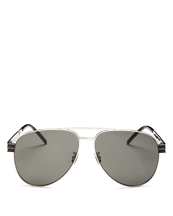 Saint Laurent Men's Brow Bar Aviator Sunglasses, 60mm In Shiny Silver/gray