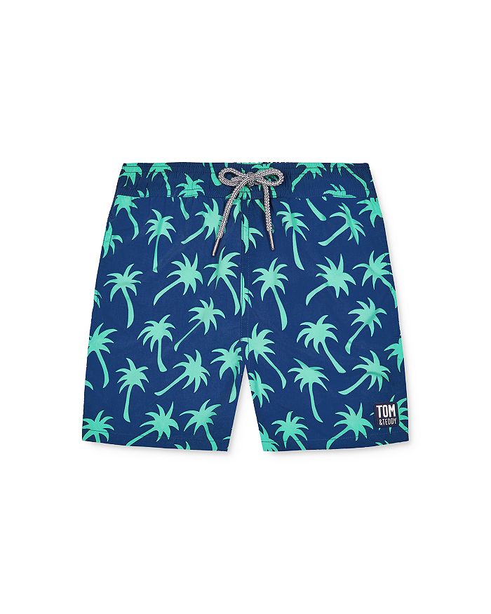 Tom & Teddy Boys' Palm Tree Swim Trunks - Little Kid, Big Kid In Navy/spring Green