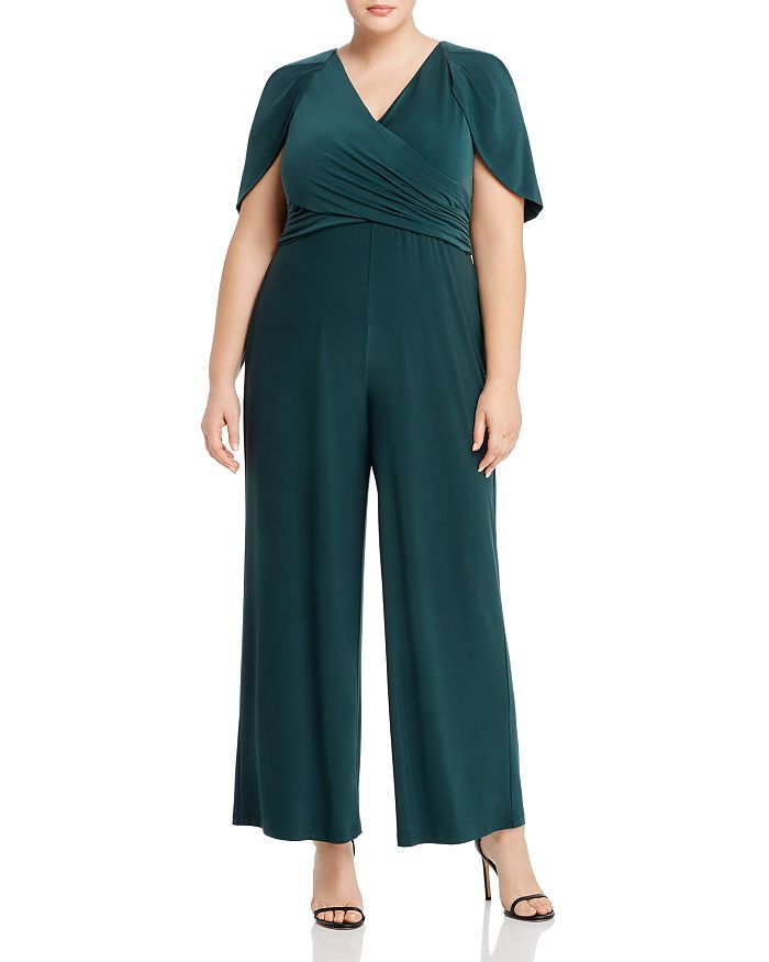 Adrianna Papell Plus Wide-leg Capelet Jumpsuit In Dustry Emerald
