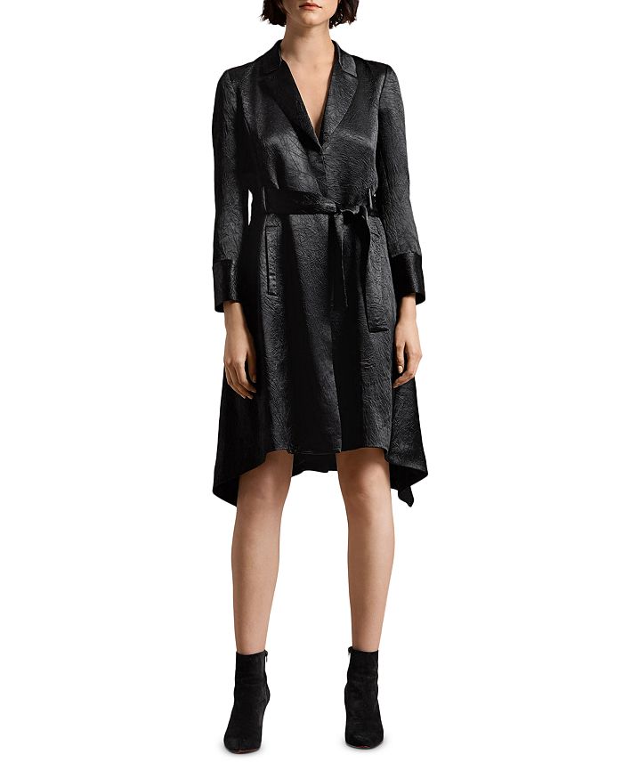 Halston Crushed Satin Trench Coat Dress In Black
