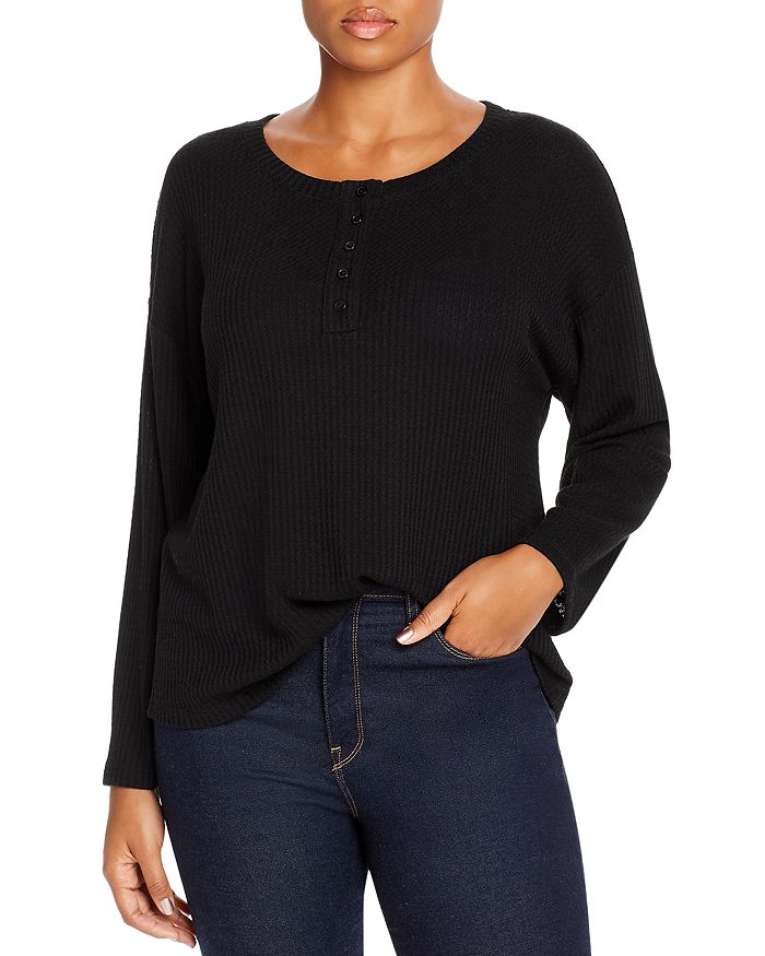 Aqua Curve Waffle-knit Henley Top - 100% Exclusive In Black