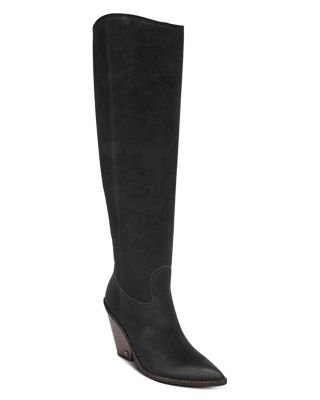 indigo pointed toe knee high boot