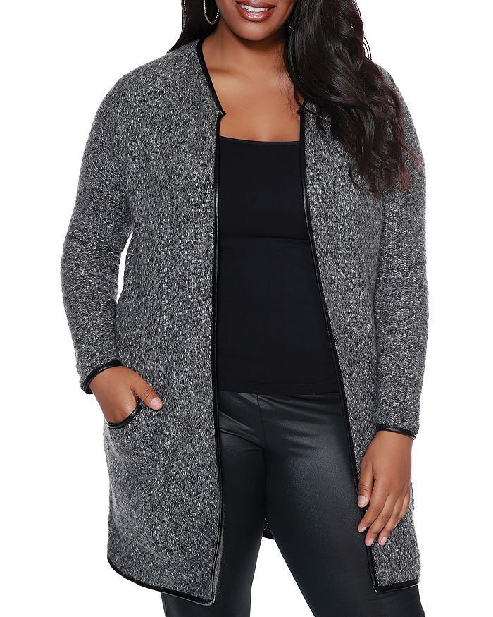 Belldini Plus Faux-leather Trimmed Cardigan In Gray Combo