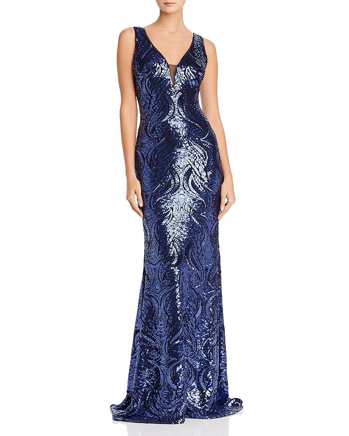 Aqua Scalloped Sequin Gown - 100% Exclusive In Black/royal