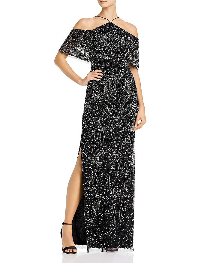 Aidan Mattox Cold-shoulder Beaded Gown - 100% Exclusive In Black/silver