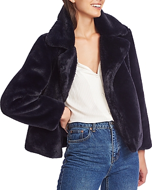 1.state Cropped Faux-fur Jacket In Blue Night