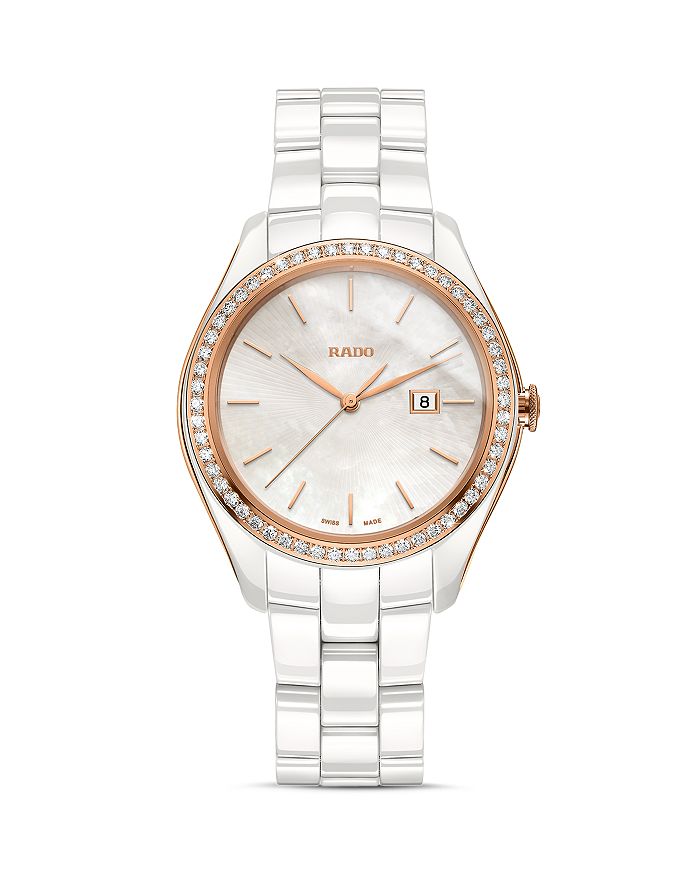 Rado Hyperchrome Automatic Diamond Ceramic Bracelet Watch 36mm In White Mop Rose Gold Modesens