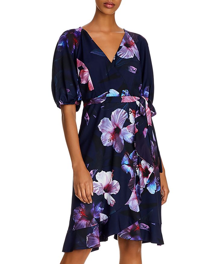 Adrianna Papell Dreamy Hibiscus Faux-wrap Dress In Plum Multi