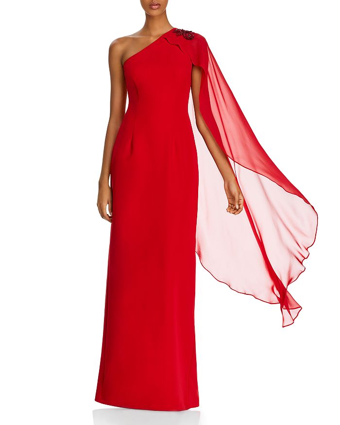 Adrianna Papell One-shoulder Cape Gown In Cardinal