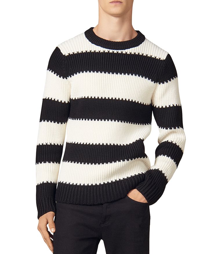 Sandro Andy Wide Striped Crewneck Sweater In Ecru/black | ModeSens