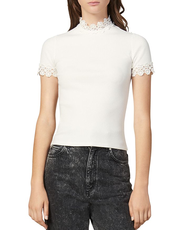 SANDRO ANIE RIBBED GUIPURE LACE-DETAIL TOP,SFPTS00296