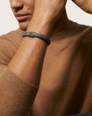  Men's Blackened Sterling Silver Classic Chain Large Flat Link Bracelet with Black Sapphire