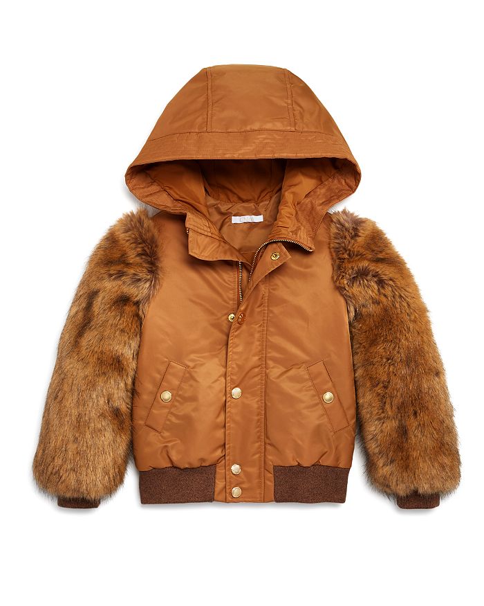 Chloé Girls' Faux Fur-sleeve Bomber Jacket - Big Kid In Brown