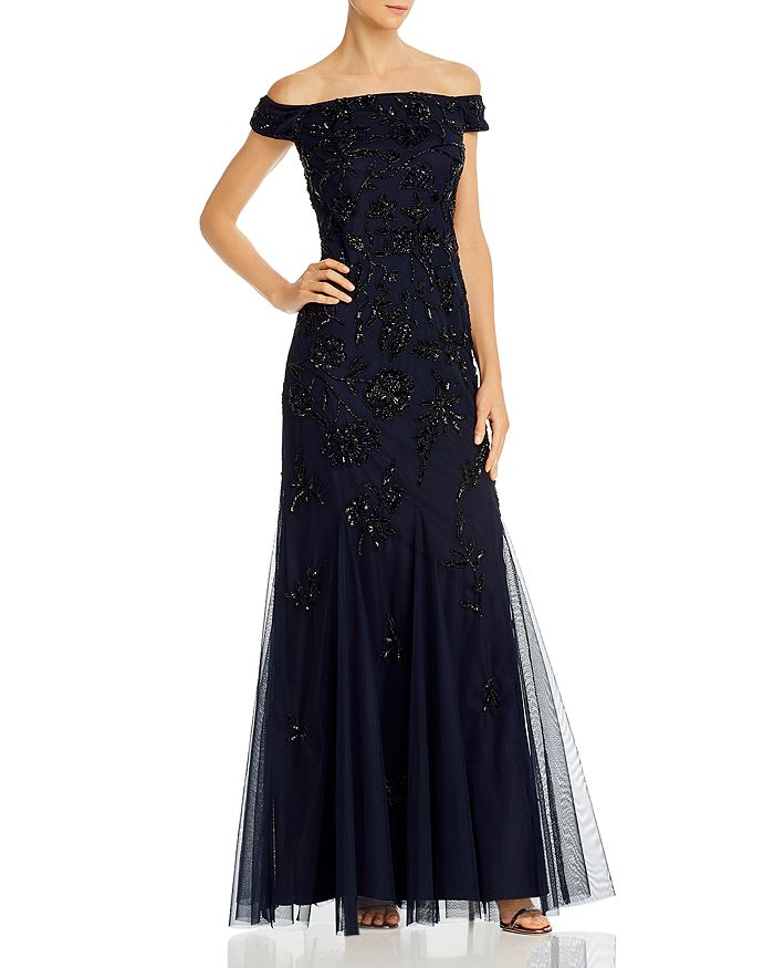 Adrianna Papell Beaded Off-the-shoulder Gown In Midnight/black