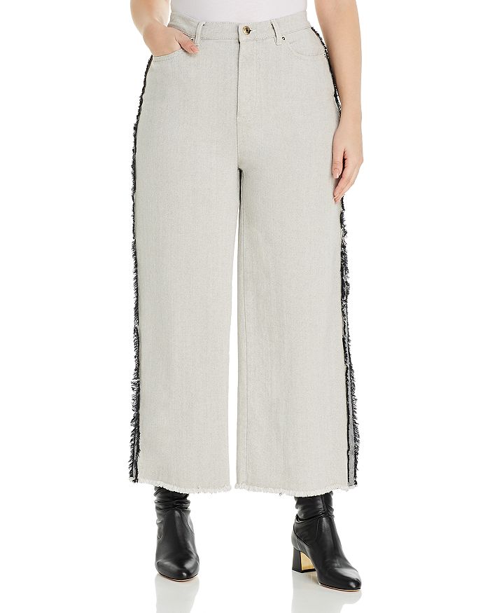 Marina Rinaldi Radiale Frayed Wide-leg Ankle Jeans In White