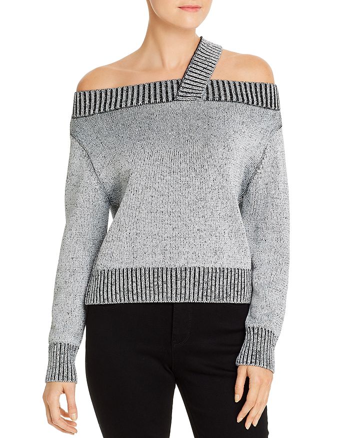 Elan Metallic Open-shoulder Sweater In Sliver Metallic