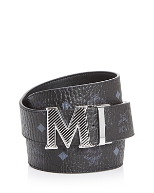 Mcm Claus Reversible Leather & Coated Canvas Belt In Black/blue