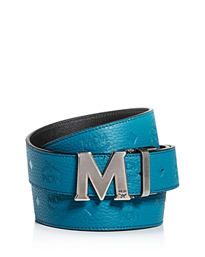 Mcm Men's Claus Reversible Leather Belt In Deep Lagoon/silver