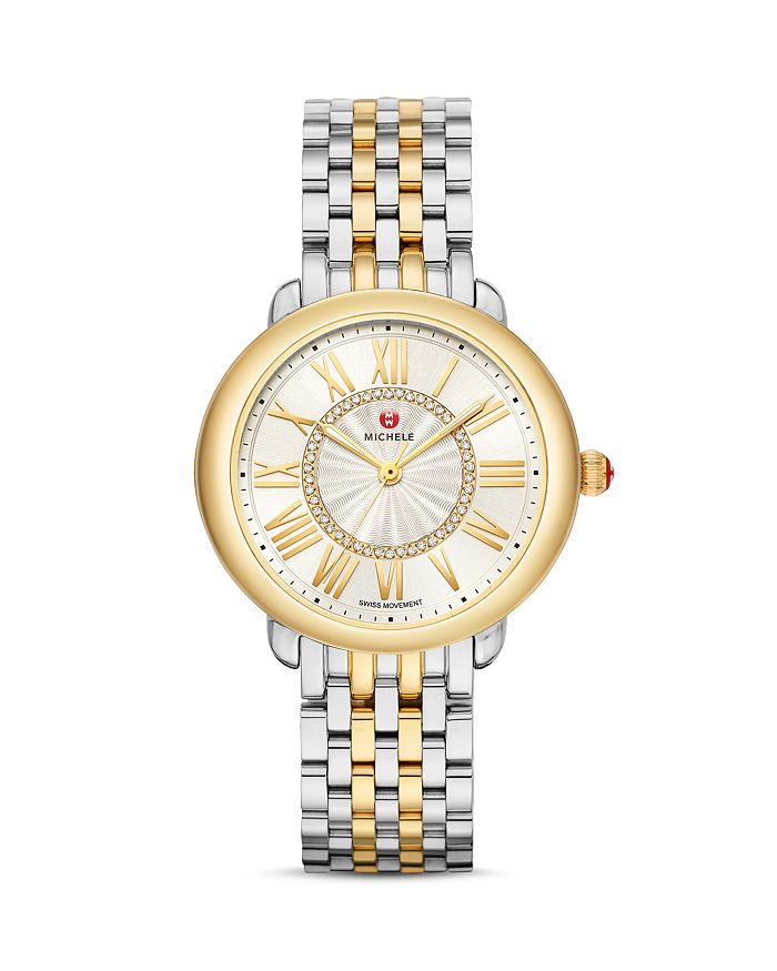 Shop Michele Serein Mid Two-tone Diamond Watch, 37mm In White/multi