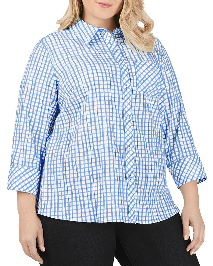 Foxcroft Plus Hampton Crinkle Texture Tattersall Shirt In Malibu Blue