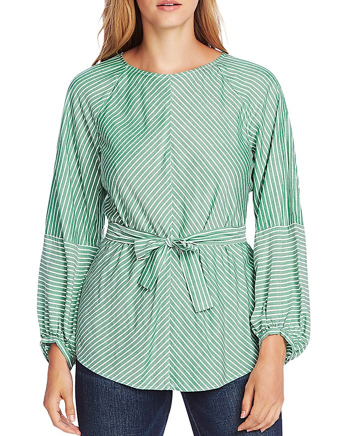 VINCE CAMUTO BELTED PINSTRIPE BLOUSE,9069019