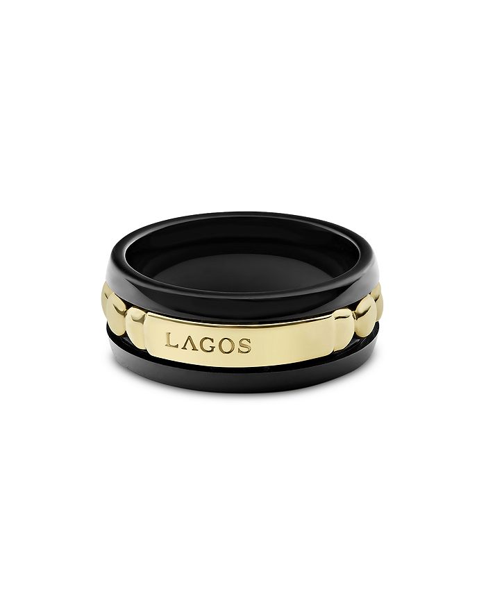 Shop Lagos Meridian 18k Yellow Gold & Black Ceramic Caviar Stacking Ring In Black/gold