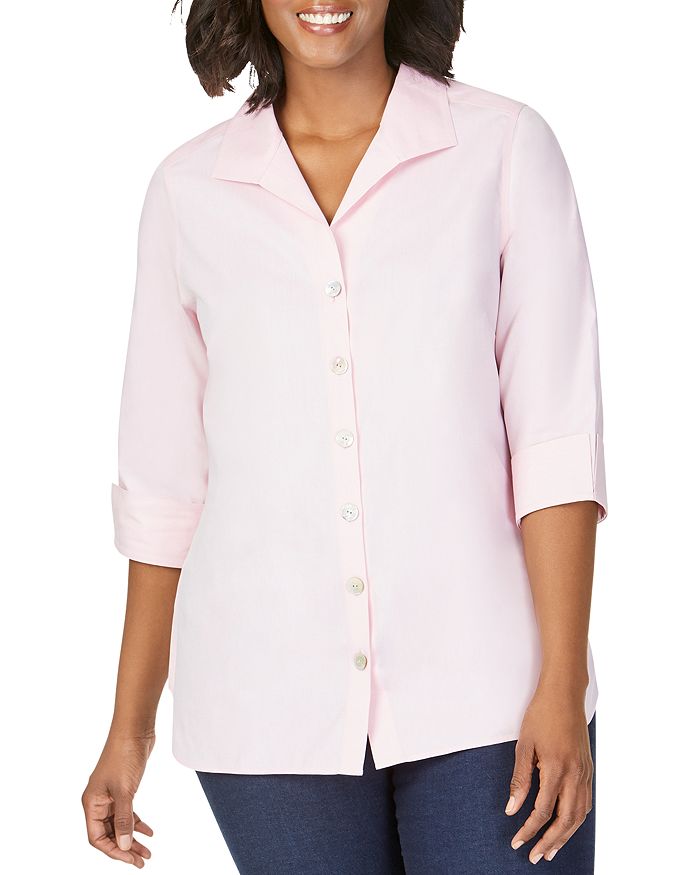 Foxcroft Plus Pandora Non-iron Cotton Tunic Shirt In Chambray Pink