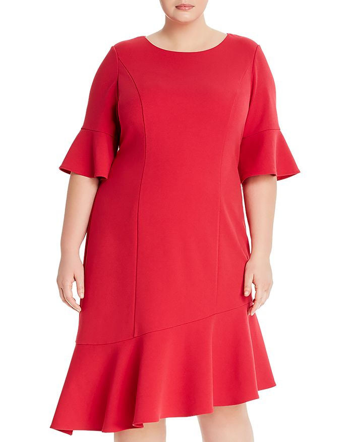 Adrianna Papell Plus Asymmetric Knit Crepe Ruffled Dress In Warm Cherry