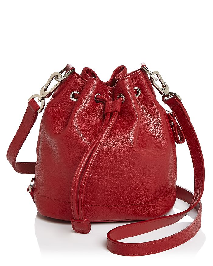 Longchamp, Bags, Longchamp Red Leather Logo Drawstring Bucket Bag