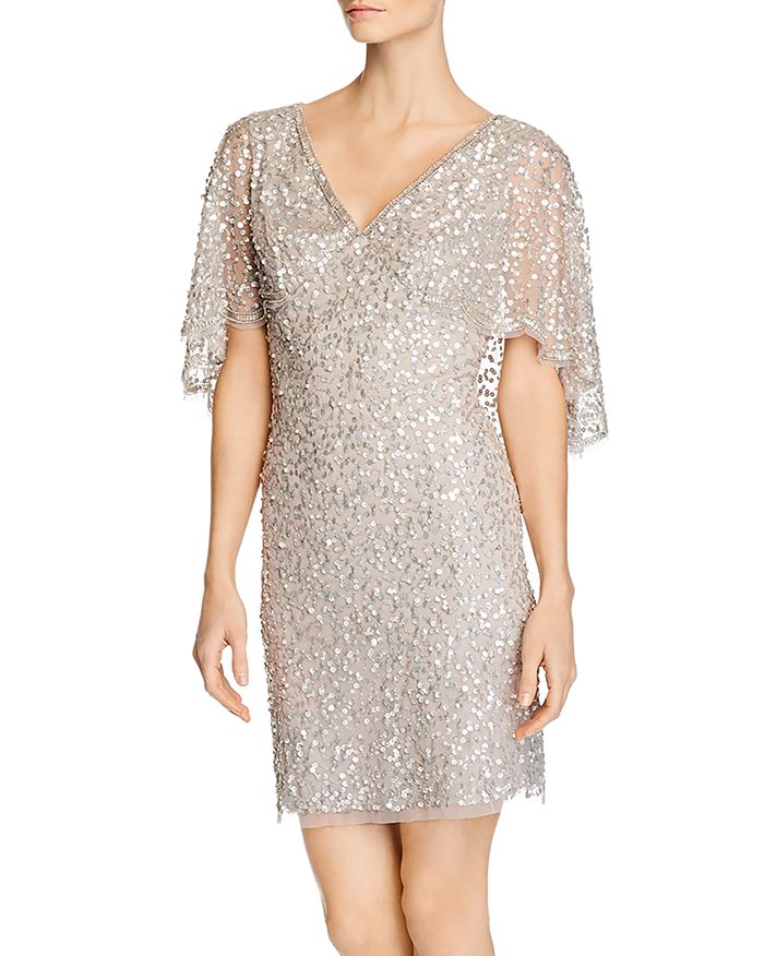 Adrianna Papell Beaded Cape-sleeve Dress In Marble