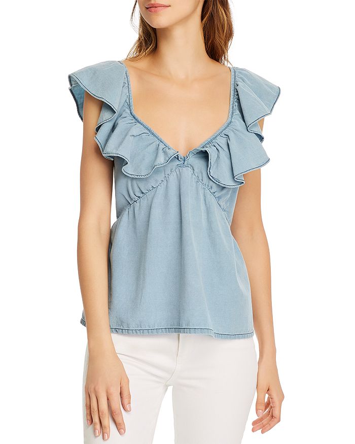 French Connection Sisay Ruffled Neck Top In Chambray