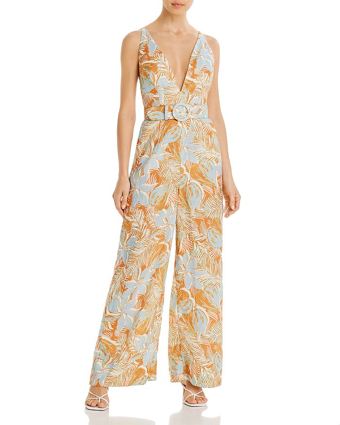 Nicholas Carla Belted Printed Linen Jumpsuit In Skylight Anthurium Floral