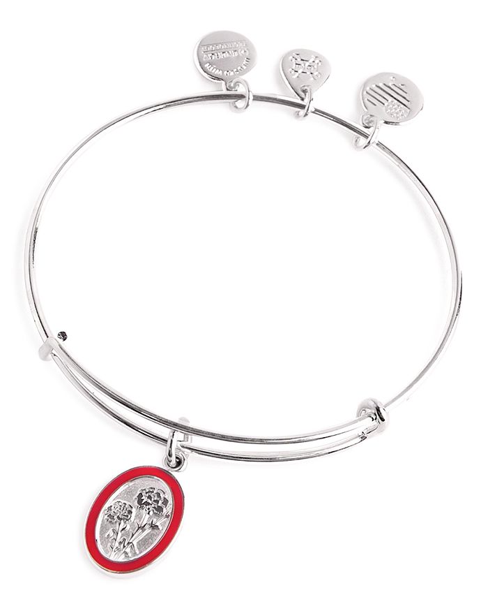 Alex And Ani January Bangle Of The Month Carnation Flower Charm Expandable Bracelet In Red/silver